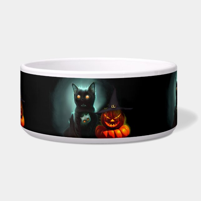 Vampire Cat and Wizard Pumpkin Halloween Surreal Voerbakje (Voorkant)