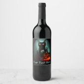 Vampire Cat and Wizard Pumpkin Halloween Surreal Wijn Etiket (Voorkant)