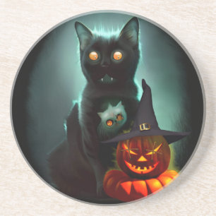 Vampire Cat and Wizard Pumpkin Halloween Surreal Zandsteen Onderzetter