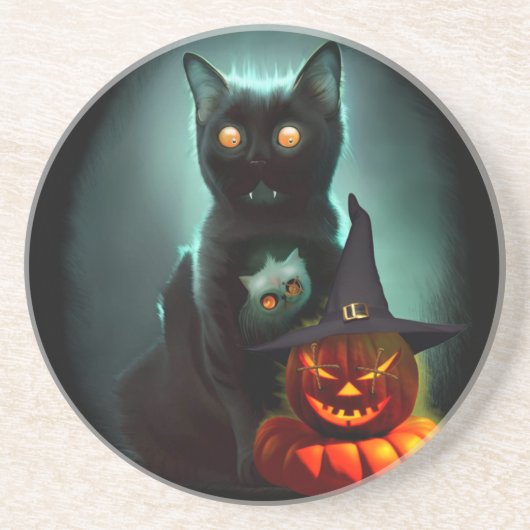 Vampire Cat and Wizard Pumpkin Halloween Surreal Zandsteen Onderzetter (Voorkant)