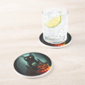 Vampire Cat and Wizard Pumpkin Halloween Surreal Zandsteen Onderzetter (Zijkant)