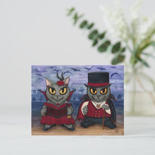 Vampire Cat Couple Gothic Cemetery Fantasy Art Pos Briefkaart (Staand voorkant)