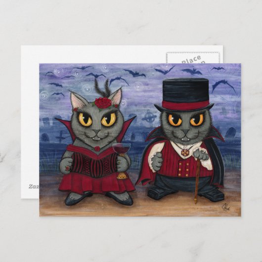 Vampire Cat Couple Gothic Cemetery Fantasy Art Pos Briefkaart (Voorkant / Achterkant)