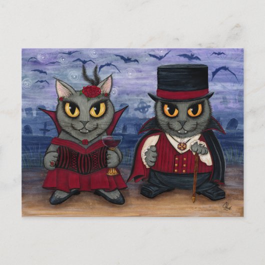 Vampire Cat Couple Gothic Cemetery Fantasy Art Pos Briefkaart (Voorkant)
