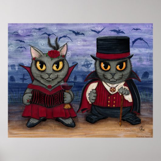 Vampire Cat Couple Gothic Cemetery Fantasy Art Pri Poster (Voorkant)