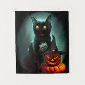 Vampire Cat en Wizard Pumpkin Halloween Surreal A Wandkleed (Voorkant)