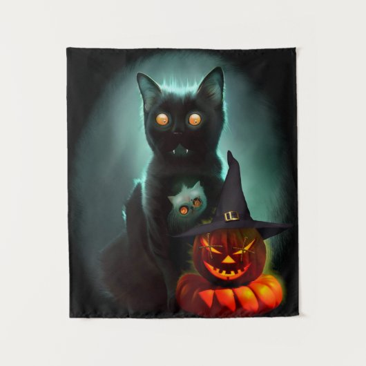 Vampire Cat en Wizard Pumpkin Halloween Surreal A Wandkleed (Voorkant)