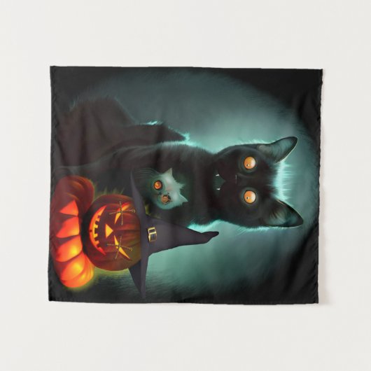 Vampire Cat en Wizard Pumpkin Halloween Surreal A Wandkleed (Voorkant (horizontaal))