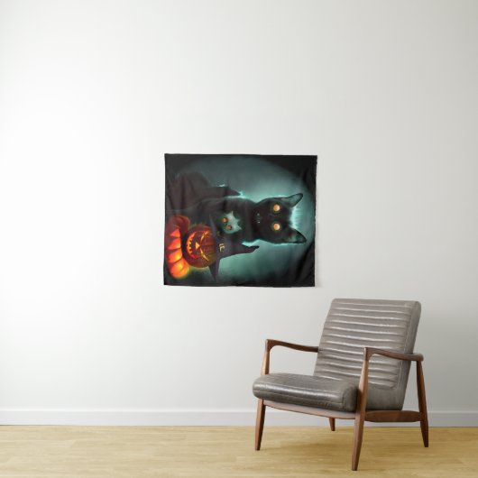 Vampire Cat en Wizard Pumpkin Halloween Surreal A Wandkleed (In Situ (horizontaal))