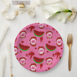 Vampire eet watermeloen Halloween in juli Roze  Papieren Bordje