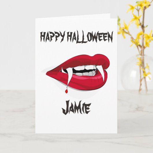 VAMPIRE FANGS CUSTOM HAPPY HALLOWEEN KAART (Gele Bloem)