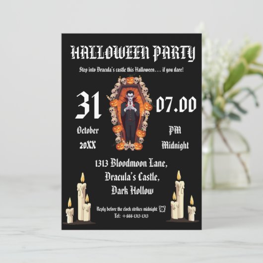 Vampire Halloween Party - Zwarte Uitnodigingskaart Kaart (Staand voorkant)
