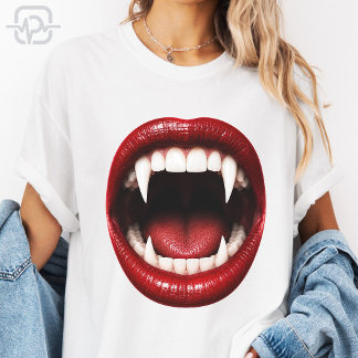 Vampire Tanden Rode Lippen Open Mond Halloween T-shirt