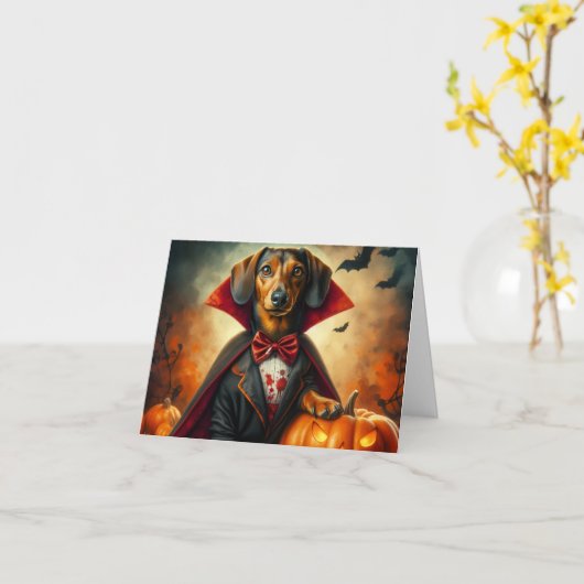 Vampire Teckel Halloween Kaart (Gele Bloem)