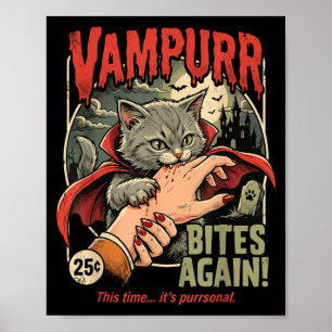 Vampurr Bites Grappige Kat Halloween Vintage Grafi Poster