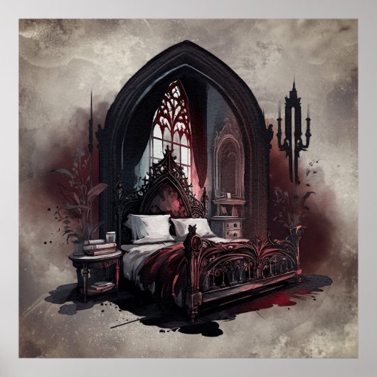 Vampy Boudoir | Gothic Red Victoriaans Slaapkamer Poster (Voorkant)