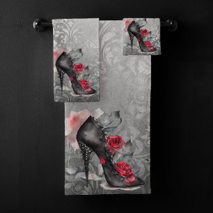 Vampy Spiked Stiletto Red Rose High Heel Grunge Bad Handdoek