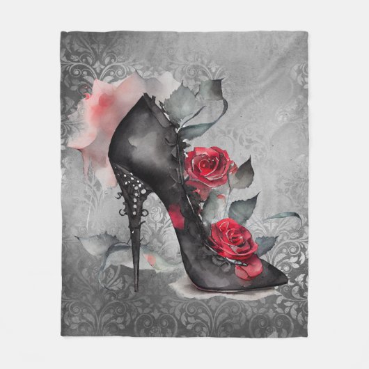 Vampy Spiked Stiletto | Red Rose High Heel Grunge Fleece Deken (Voorkant)