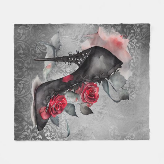 Vampy Spiked Stiletto | Red Rose High Heel Grunge Fleece Deken (Voorkant (Horizontaal))