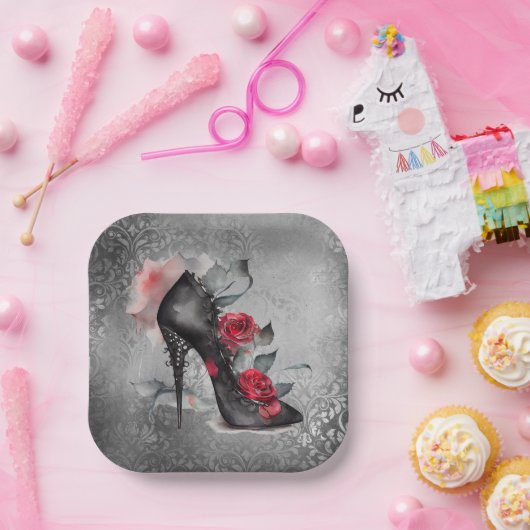 Vampy Spiked Stiletto | Red Rose High Heel Grunge Papieren Bordje (Feest)