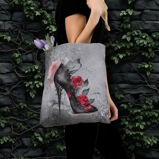 Vampy Spiked Stiletto | Red Rose High Heel Grunge Tote Bag