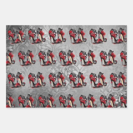 Vampy Strappy Stilettos | Red Rose Hakken op Grung Inpakpapier Vel (Voorkant)