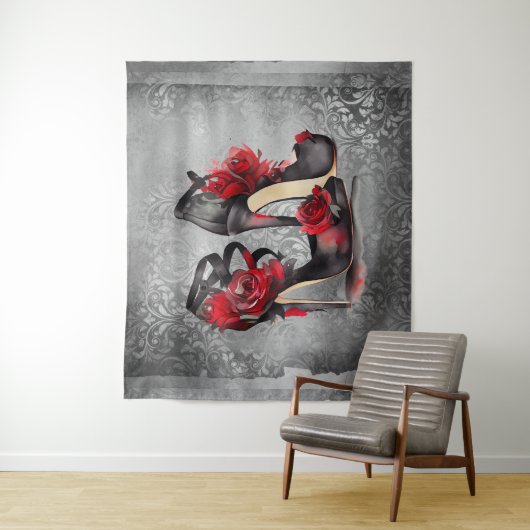 Vampy Strappy Stilettos | Red Rose Hakken op Grung Wandkleed (In situ)