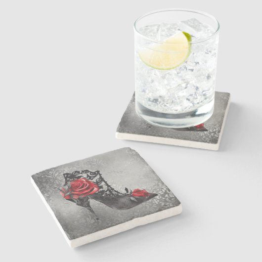 Vampy Vogue Grunge | Stiletto Lace Bootie Rozen Stenen Onderzetter (Zijkant)