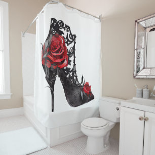 Vampy Vogue Stiletto Lace Bootie en rode rozen Douchegordijn