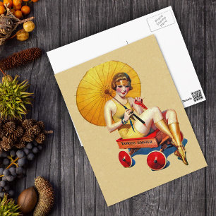 van 1920: Flapper Lady Umbrella Wagon Bathing Briefkaart