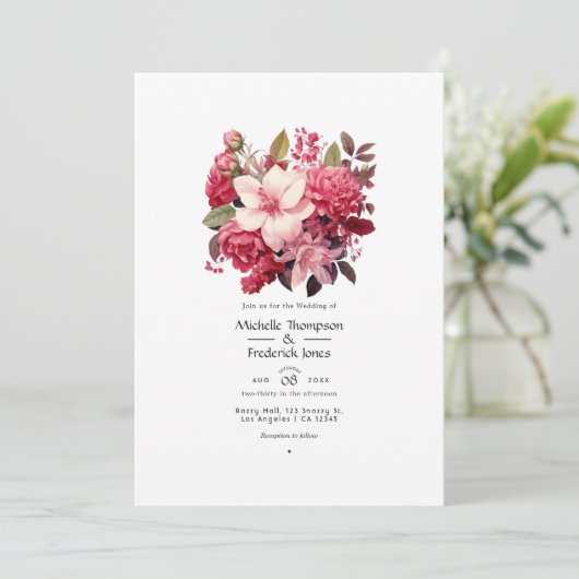 Van Blush tot Currant Red Floral Spring Bruiloft Kaart (Staand voorkant)