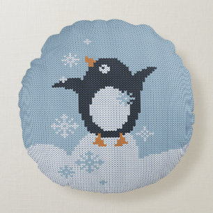 Van brei afkomstige pinguïn Snowflakes WinterFeest Rond Kussen