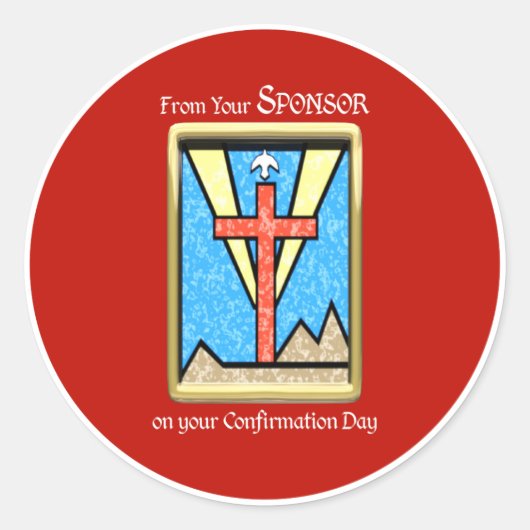 Van Confirmator, Duif en Kruis op Rood Ronde Sticker (Voorkant)