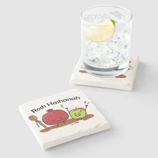 Van de de appelgranaatappel van Hashanah van Rosh Stenen Onderzetter (Zijkant)