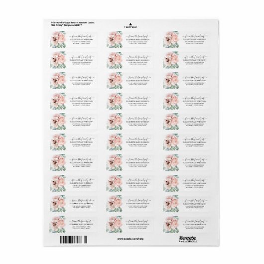 Van de familie begrafenis Memorial Pink Peony Flor Etiket (Full Sheet)