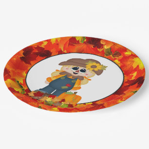 Van de het meisjesvogelverschrikker van de herfst papieren bordje