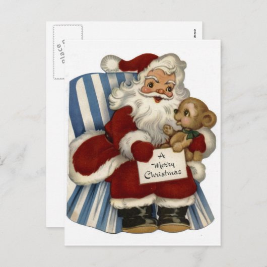 Van de "Retro Kerstman met Teddybeer" Kerstmis Feestdagenkaart (Voorkant / Achterkant)