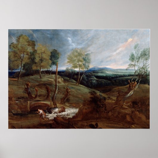 Van Dyck - Landschap bij zonsondergang met herder Poster (Voorkant)