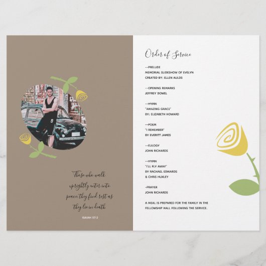 Van één gele roze kok Memorial Service Programme Flyer (Achterkant)