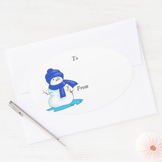 Van en naar label met een sneeuwpop in blauw (Envelop)