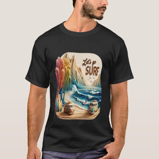 Van geparkeerd met surfplanken op zandstrand t-shirt (Voorkant)
