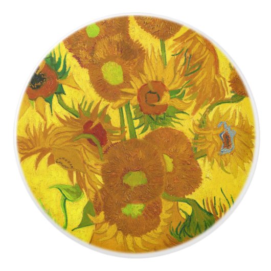 Van Gogh 15 zonnebloemen in een vasje Keramische Knop (Voorkant)