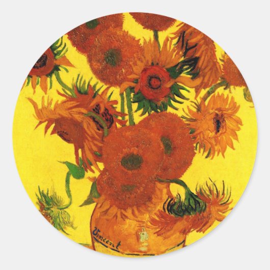 Van Gogh 15 Zonnebloemen Ronde Sticker (Voorkant)