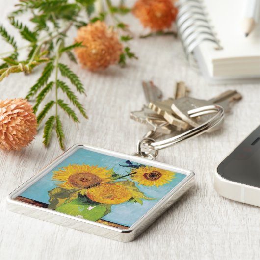 Van Gogh - 3 Zonnebloemen in een Vase Sleutelhanger (Zijkant)