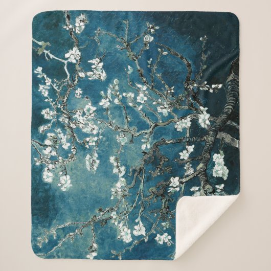 Van Gogh Almond Blossom : Donker Blauwgroen Sherpa Deken (Voorkant)