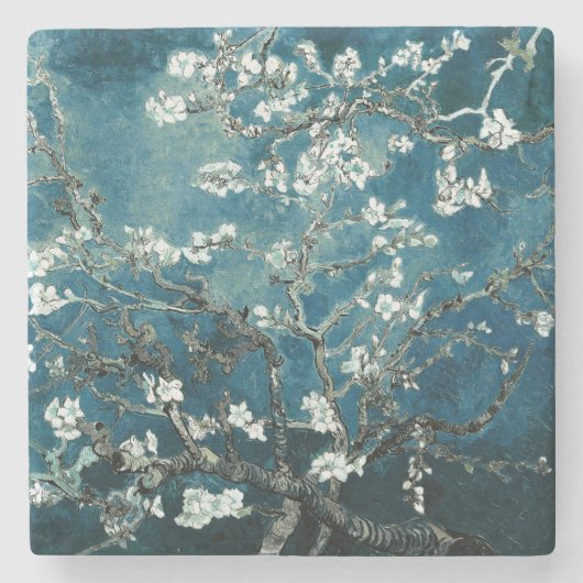Van Gogh Almond Blossom : Donker Blauwgroen Stenen Onderzetter (Voorkant)
