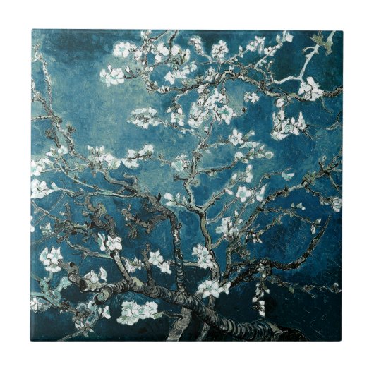 Van Gogh Almond Blossom : Donker Blauwgroen Tegeltje (Voorkant)