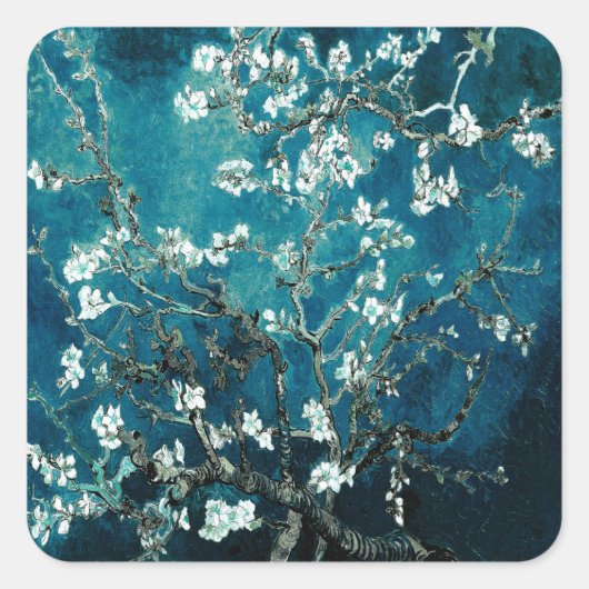 Van Gogh Almond Blossom : Donker Blauwgroen Vierkante Sticker (Voorkant)