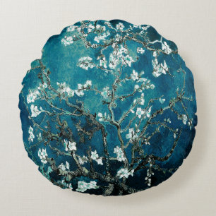 Van Gogh Amandelbloesem Donker Teal Rond Kussen