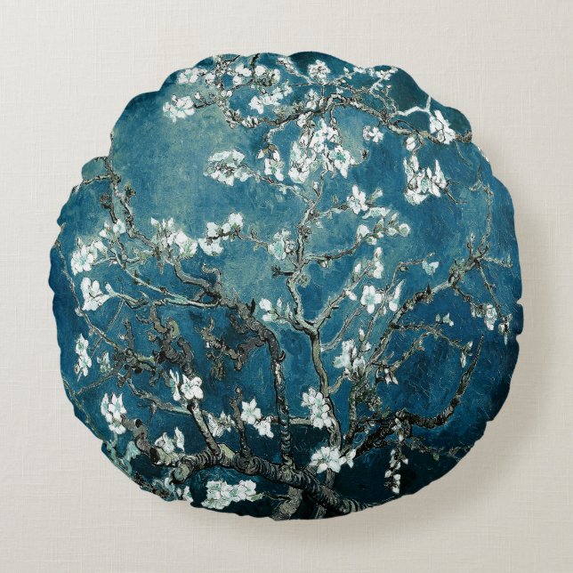 Van Gogh Amandelbloesem Donker Teal Rond Kussen (Voorkant)